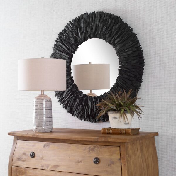 Black Teak Branch Round Mirror